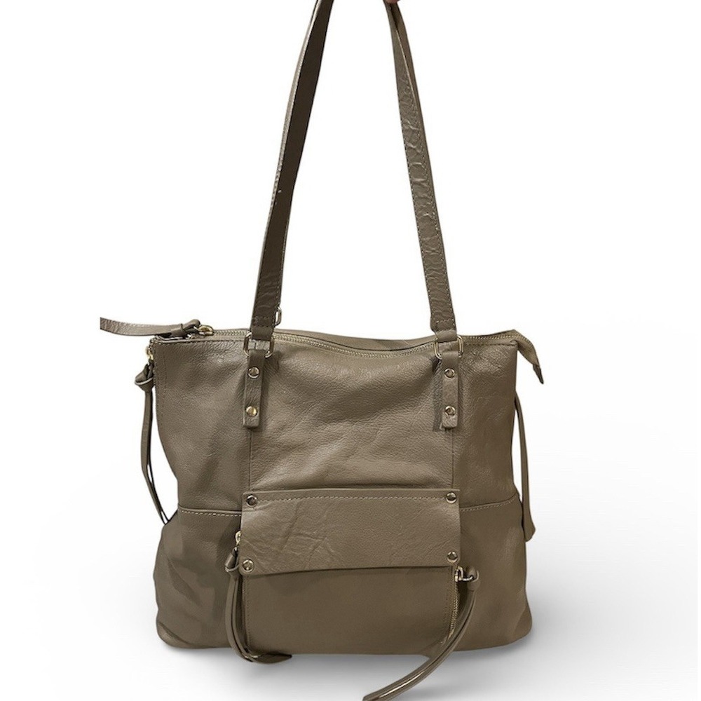 KOOBA Everette Soft Taupe Leather Purse Large Expandable Tote Shoulder Hobo Bag